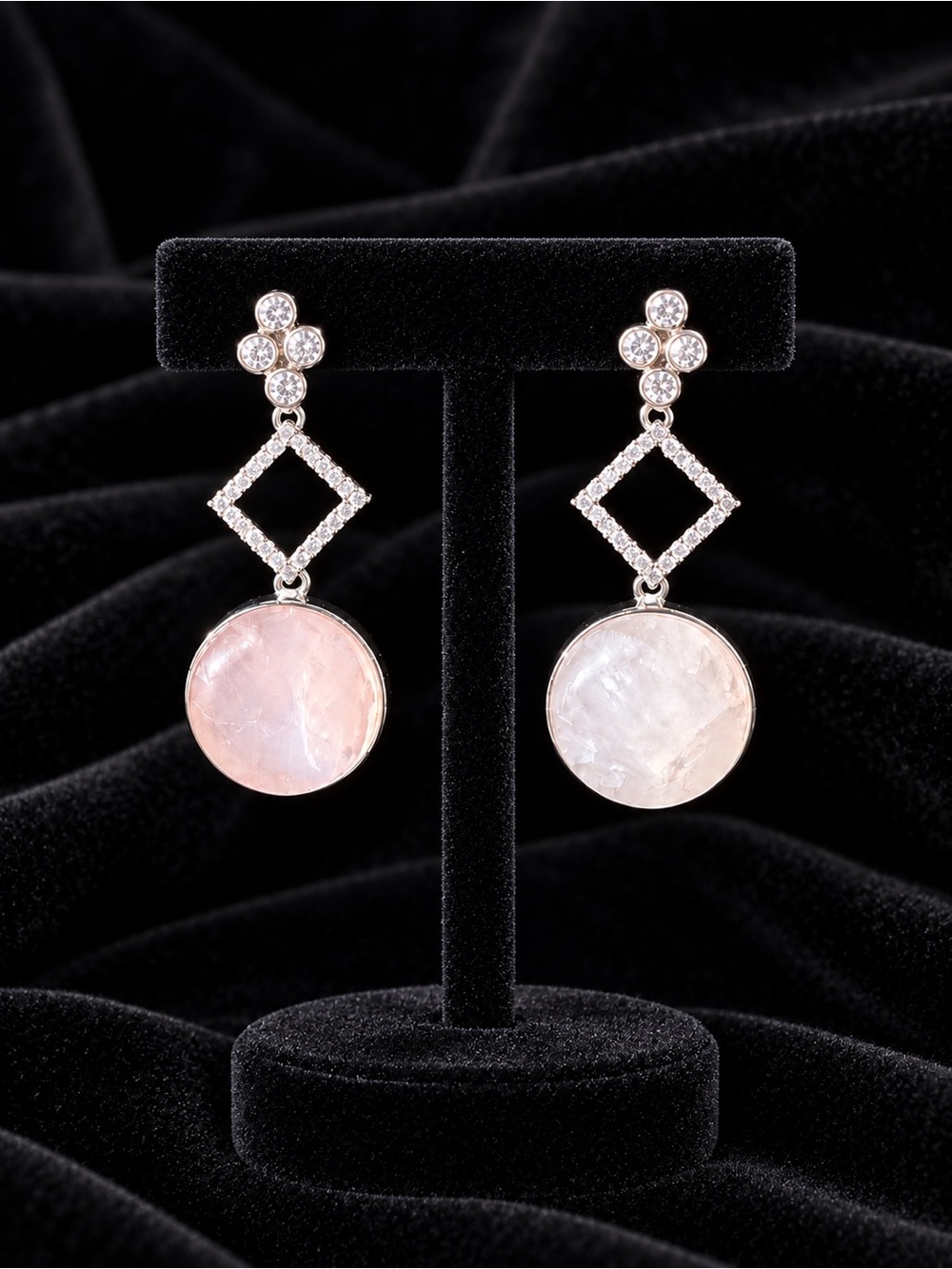 Elegant Rose Quartz Drop Earrings with Silver Crystal Accents